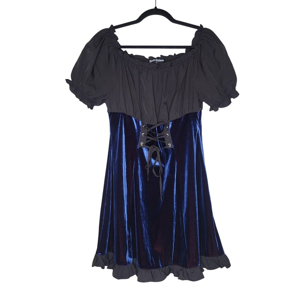 Renaissance Velour Corset Dress Large Black Blue Puff Sleeve LARP Victorian Goth